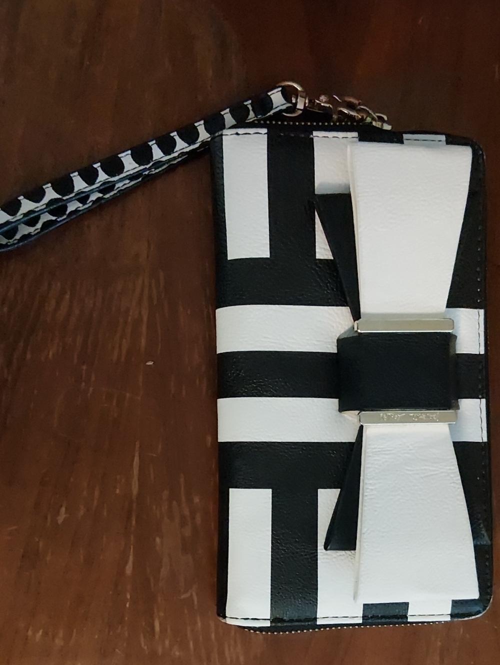 Betsey Johnson Black and White Striped Wristlet with Bow Detail